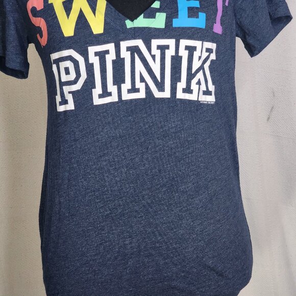 Victoria's Secret Navy Heather Sweet Pink Rainbow V Neck Short Sleeve Tee Size M - Picture 6 of 16